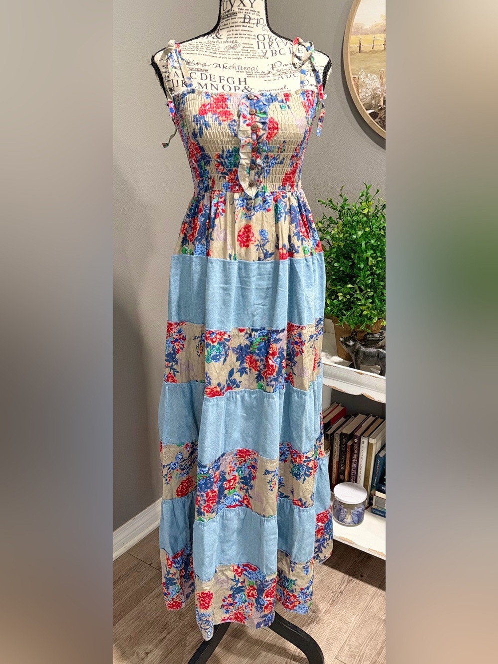 36 Point 5 Blue and Cream Floral Tiered Maxi Dress